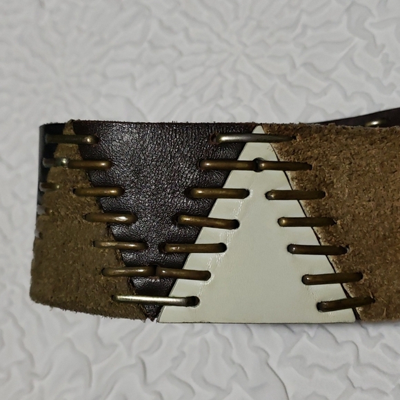 Vintage 90s Heavy Chunky Suede/Leather Patchwork And Brass Hip Belt, Size 36/34 main image 13
